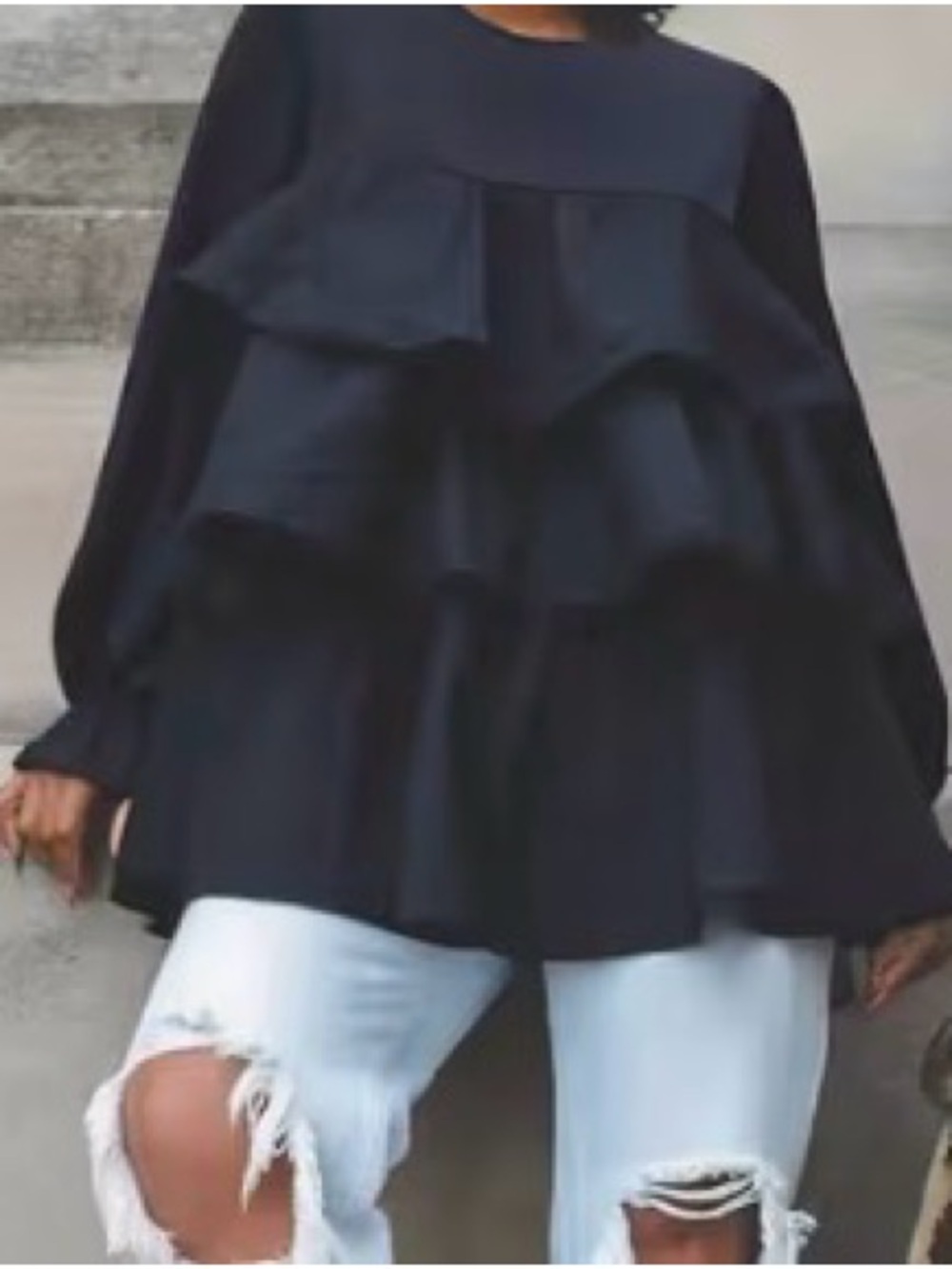 Black Tiered Long-Sleeve Women's Top